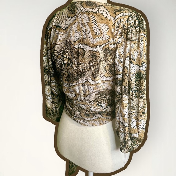NWT RARE Ganni Puff Sleeve Mesh Wrap Top 3426 in “Tiger’s Eye” Print Size 4 - Picture 9 of 14